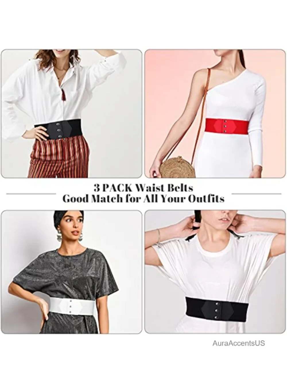 Wide PU Leather Stretchy Belt 3-Pack Vintage Cinch Waistband